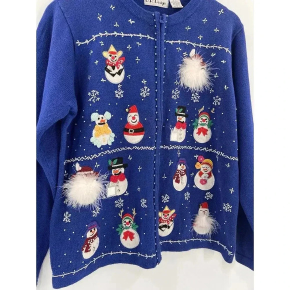 B. P. Design Christmas Holiday Sweater Blue Snowmen Feathers Full Zip Size LARGE - Picture 4 of 14